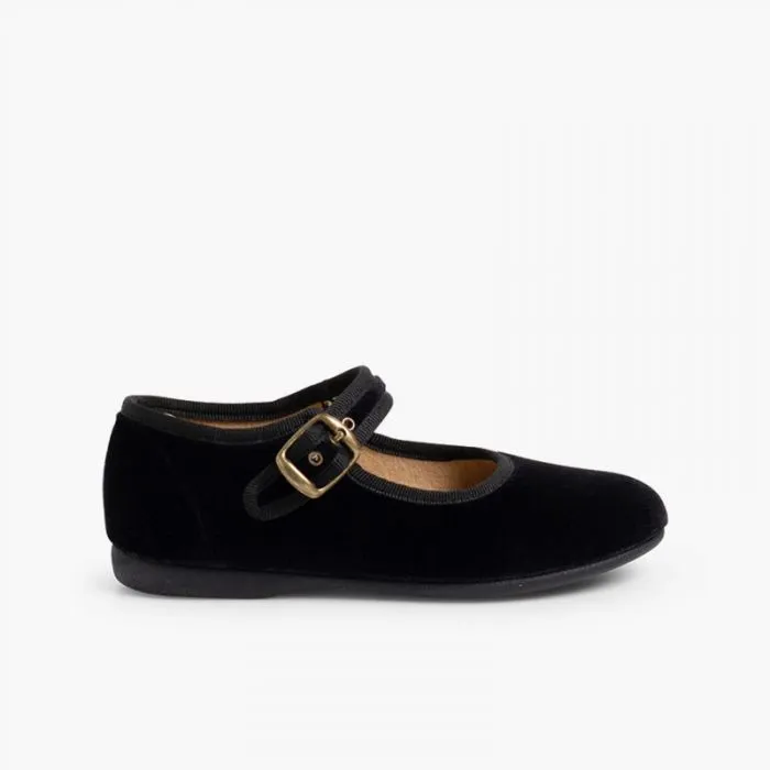 GIRLS BUCKLE UP VELVET MARY JANES BLACK