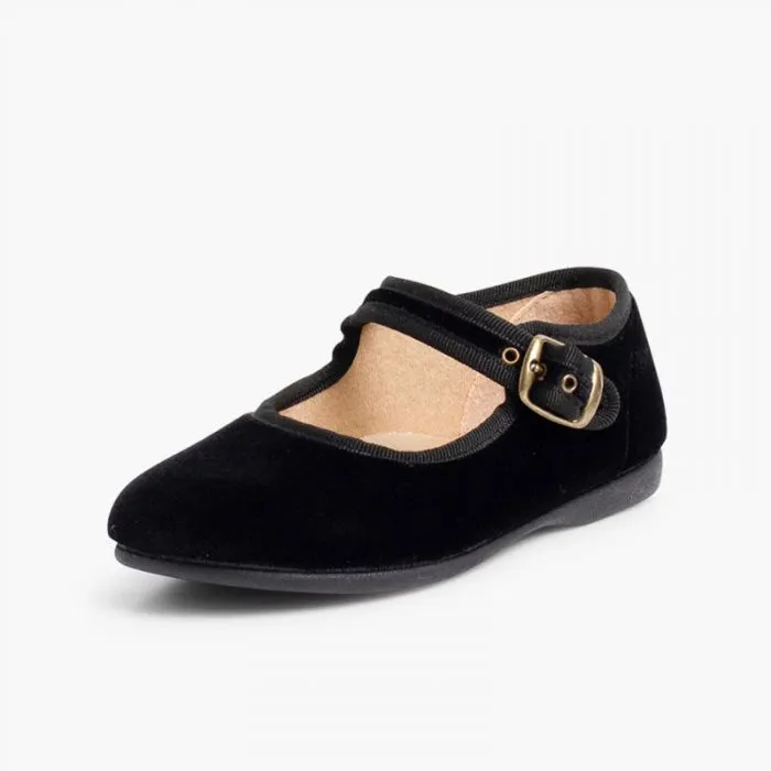 GIRLS BUCKLE UP VELVET MARY JANES BLACK