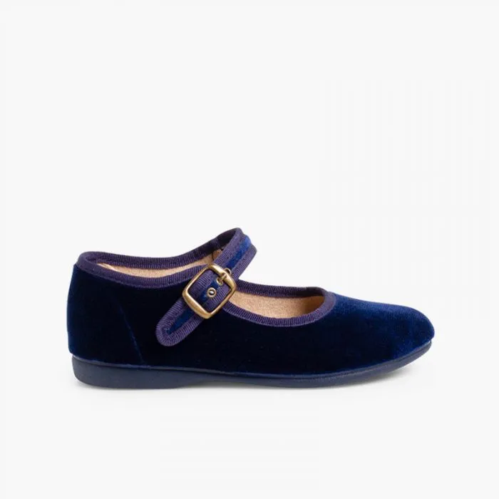GIRLS BUCKLE UP VELVET MARY JANES NAVY BLUE