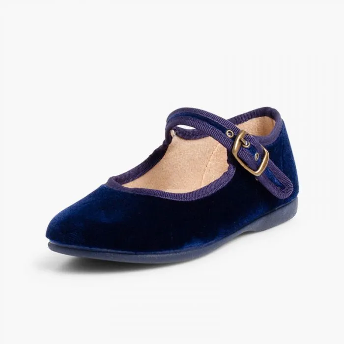GIRLS BUCKLE UP VELVET MARY JANES NAVY BLUE