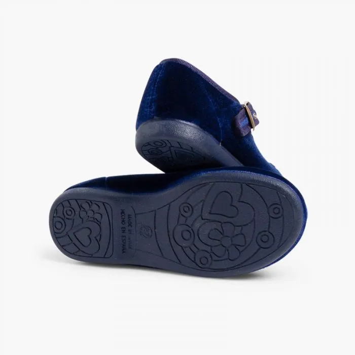 GIRLS BUCKLE UP VELVET MARY JANES NAVY BLUE