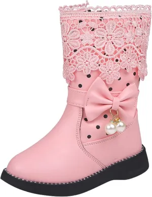 Girls High Top Shoes Fashion Flowers Plus Velvet Warm Boots Non Slip Breathable Nude Women Boots House Slippers (Pink, 4.5-5 Years Little Child)