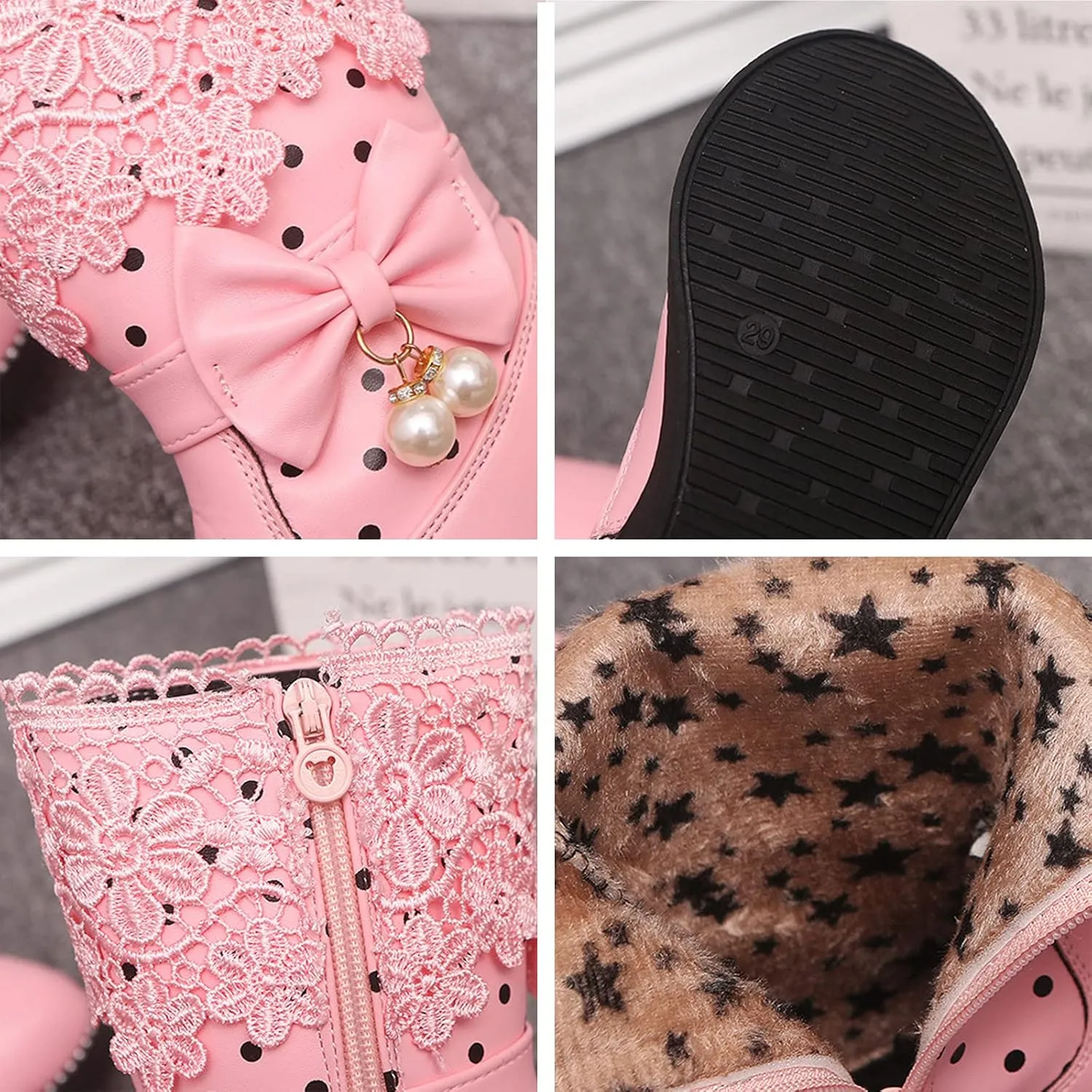 Girls High Top Shoes Fashion Flowers Plus Velvet Warm Boots Non Slip Breathable Nude Women Boots House Slippers (Pink, 4.5-5 Years Little Child)