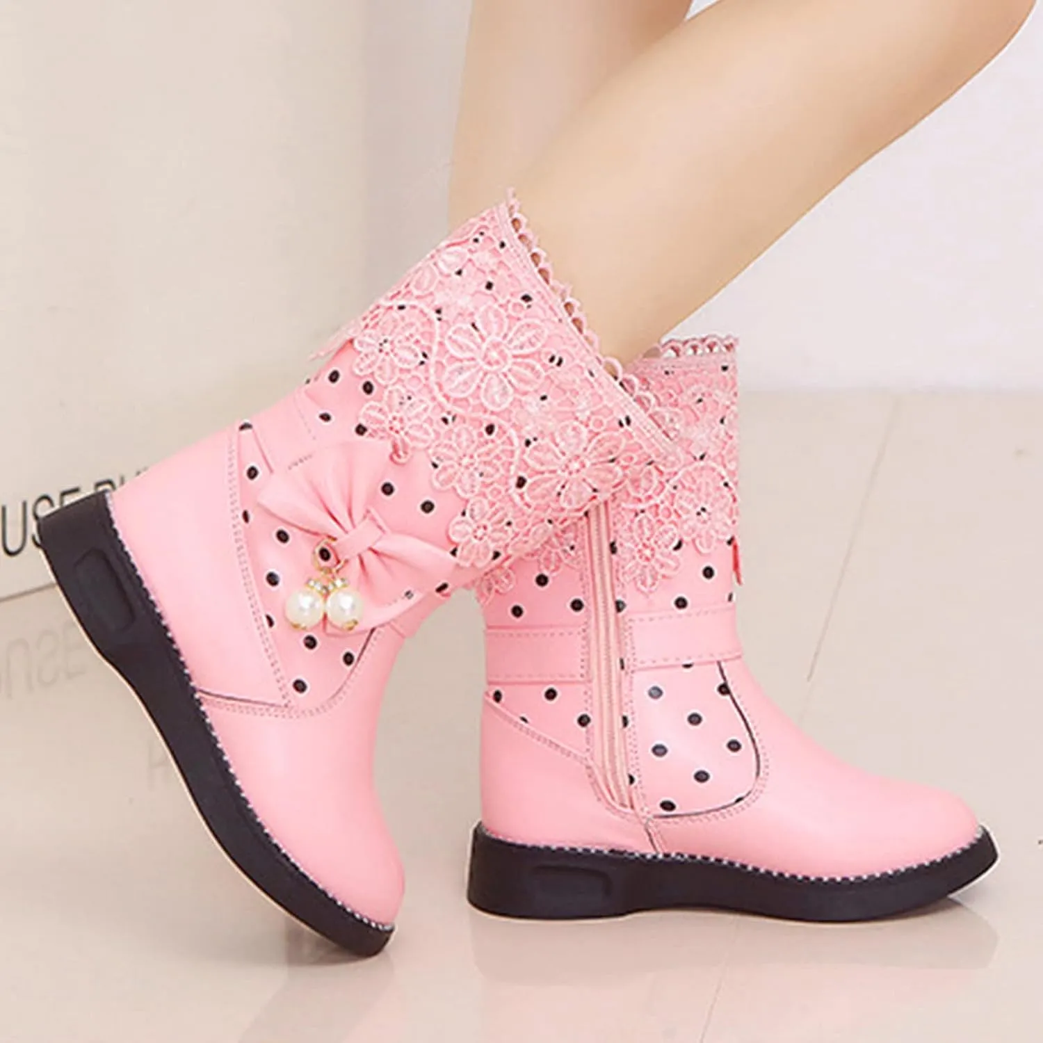 Girls High Top Shoes Fashion Flowers Plus Velvet Warm Boots Non Slip Breathable Nude Women Boots House Slippers (Pink, 4.5-5 Years Little Child)