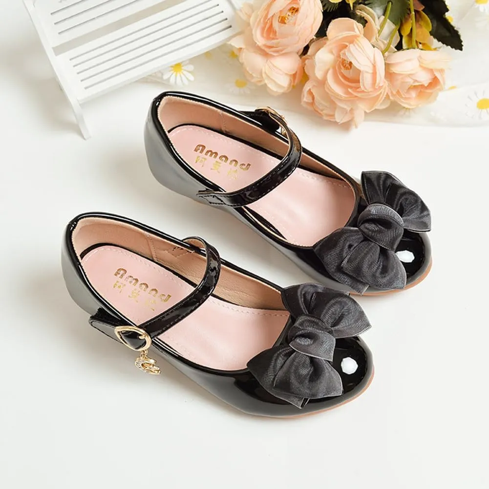 Girls Leatherette Low Heel Dress Shoes Princess Mary Jane Flats Flower Wedding Party Bridesmaid Pumps