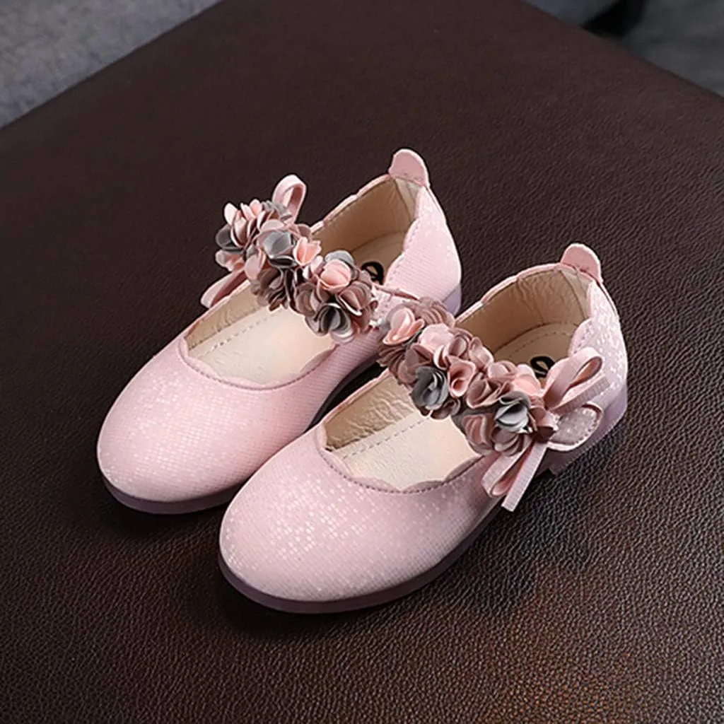Girls Mary Jane Dress Shoes Flowers Strap Bows Flower Girl Wedding Low Heels Little Girls Low Heel Pump Shoes