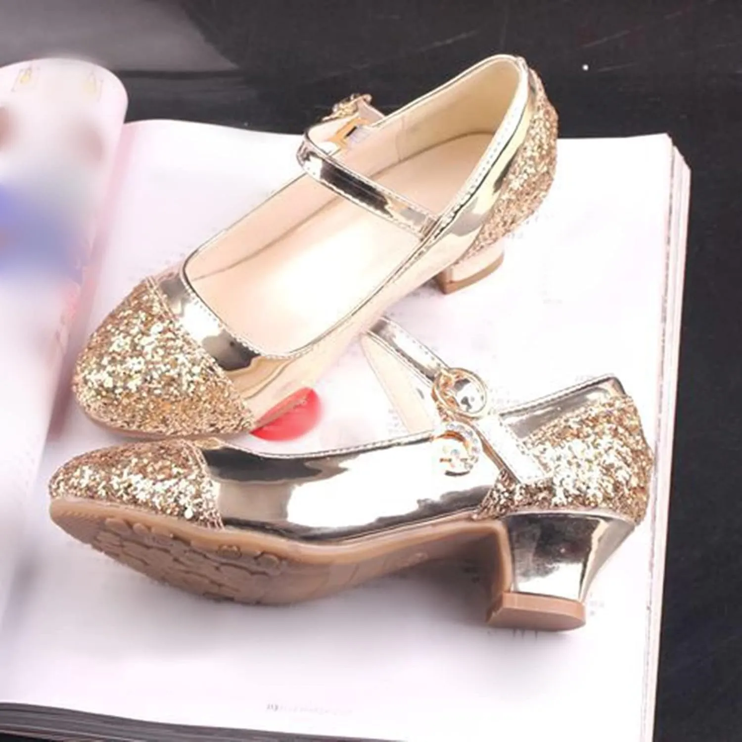 Girls Mary Jane Dress Shoes Rhinestones Sparkle Flower Girl Wedding Low Heels Toddler Girls Pump Shoes
