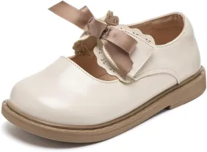 Girls Mary Jane Dress Shoes with Bow  Patent Leather Look School Uniform Flats with Hook and Loop Strap  Non-Slip Rubber Sole, Lightweight & Comfortable Formal Shoes for Kids