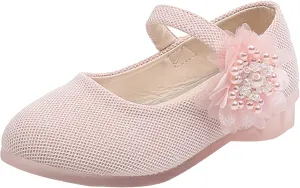 Girls Mary Jane Flat Pump Strap with Flower Ballet Flat Flower Girl Dress Shoes School Party Slip on Toddler Kid Shoes