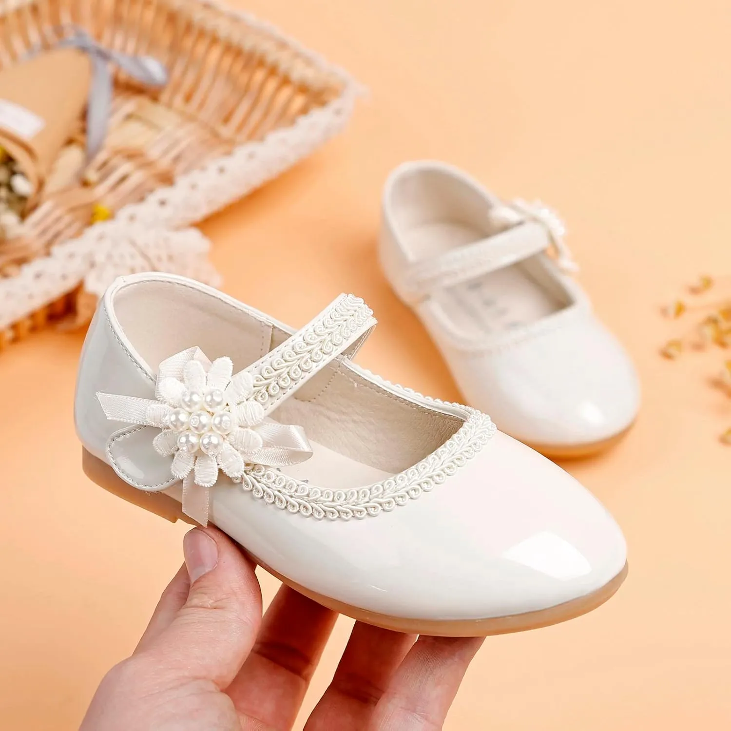 Girls Mary Jane with Pearls Toddler Girls Dress Shoes Low Heels Pumps for Flower Girl Wedding Party