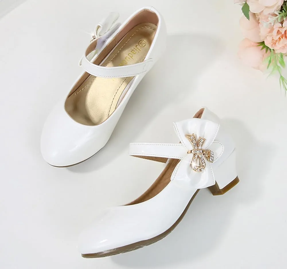 Girls PU Low Heel Dress Shoes Princess Mary Jane Flower Wedding Party Glitter Pump