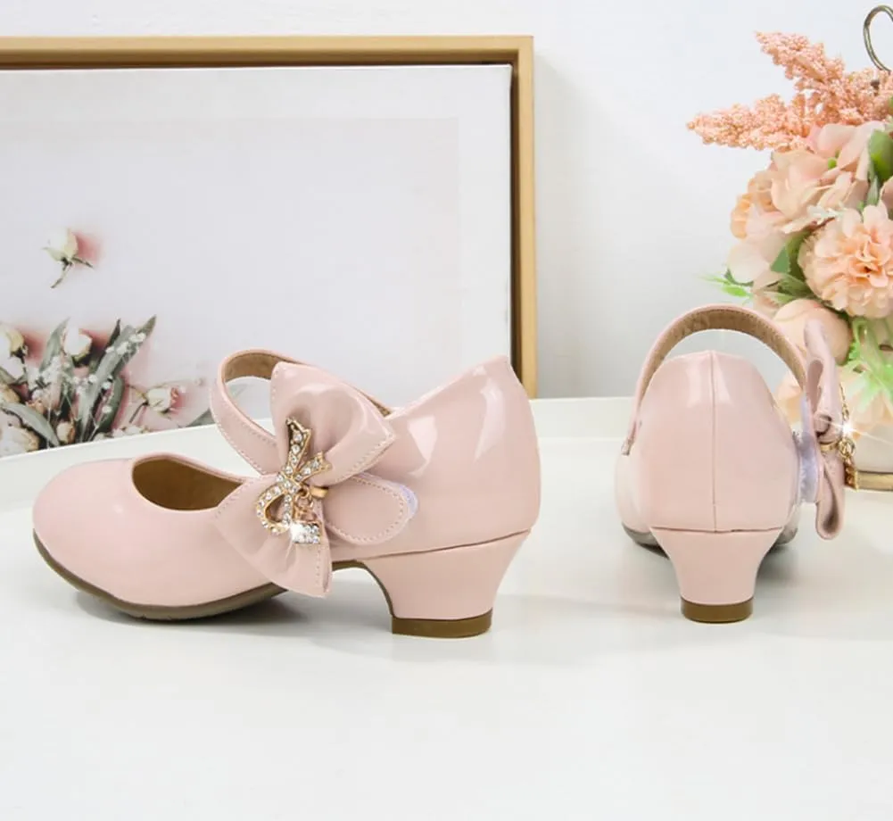 Girls PU Low Heel Dress Shoes Princess Mary Jane Flower Wedding Party Glitter Pump