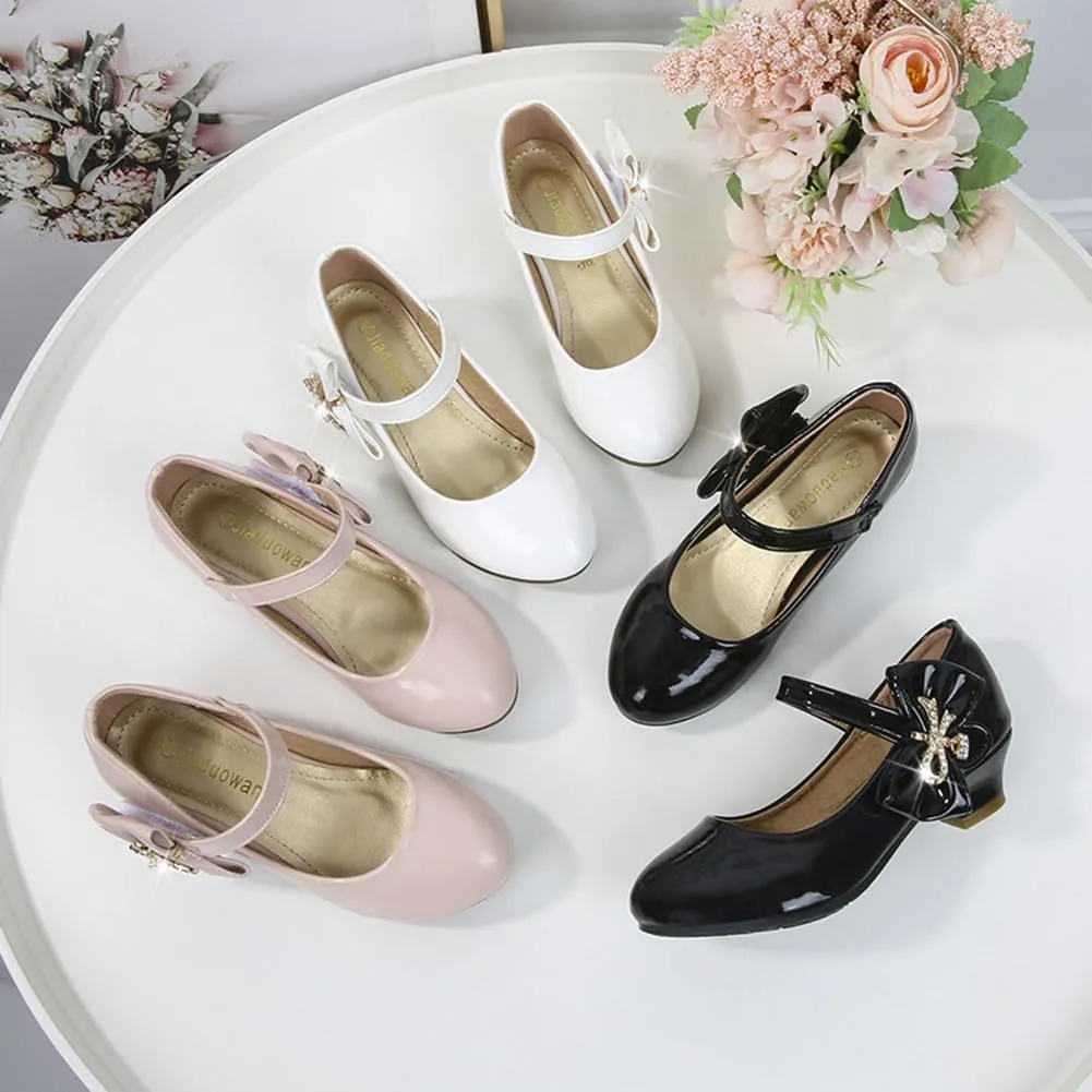 Girls PU Low Heel Dress Shoes Princess Mary Jane Flower Wedding Party Glitter Pump