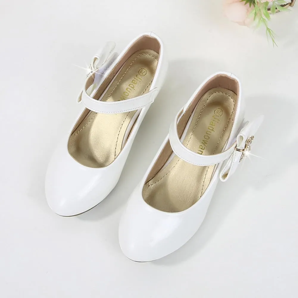 Girls PU Low Heel Dress Shoes Princess Mary Jane Flower Wedding Party Glitter Pump