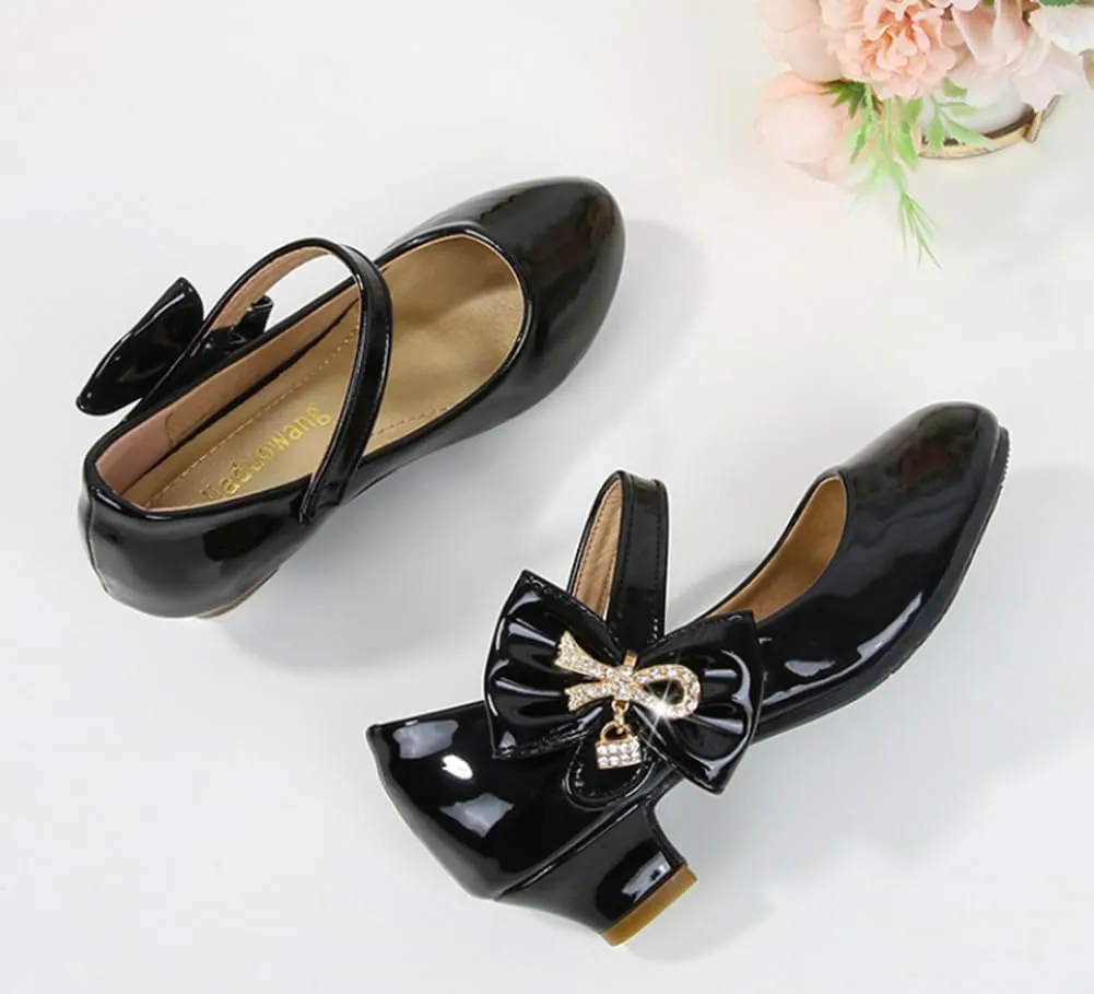 Girls PU Low Heel Dress Shoes Princess Mary Jane Flower Wedding Party Glitter Pump