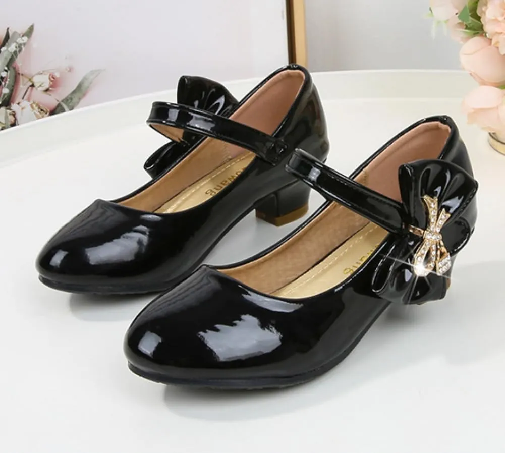 Girls PU Low Heel Dress Shoes Princess Mary Jane Flower Wedding Party Glitter Pump