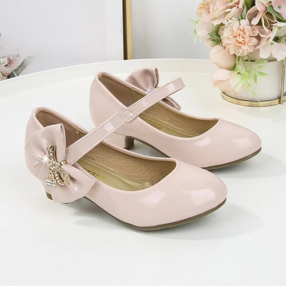 Girls PU Low Heel Dress Shoes Princess Mary Jane Flower Wedding Party Glitter Pump