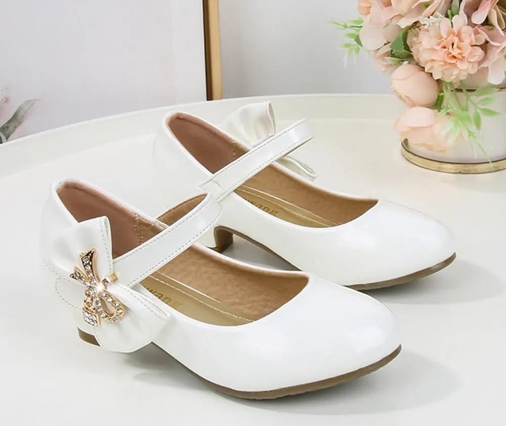 Girls PU Low Heel Dress Shoes Princess Mary Jane Flower Wedding Party Glitter Pump