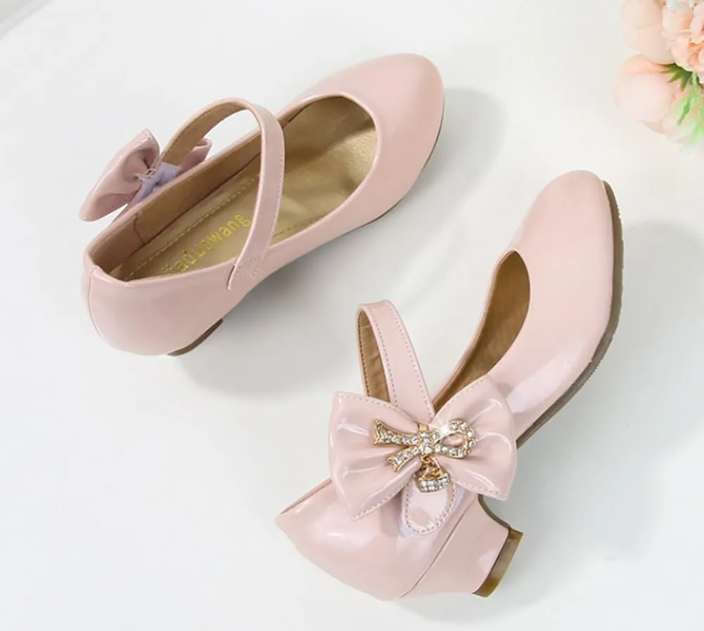 Girls PU Low Heel Dress Shoes Princess Mary Jane Flower Wedding Party Glitter Pump
