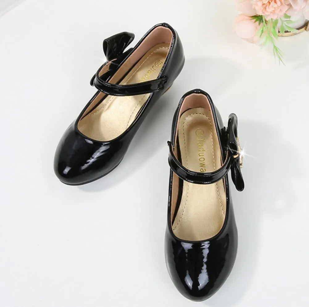 Girls PU Low Heel Dress Shoes Princess Mary Jane Flower Wedding Party Glitter Pump