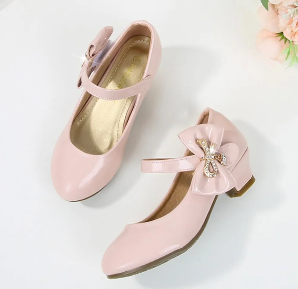Girls PU Low Heel Dress Shoes Princess Mary Jane Flower Wedding Party Glitter Pump