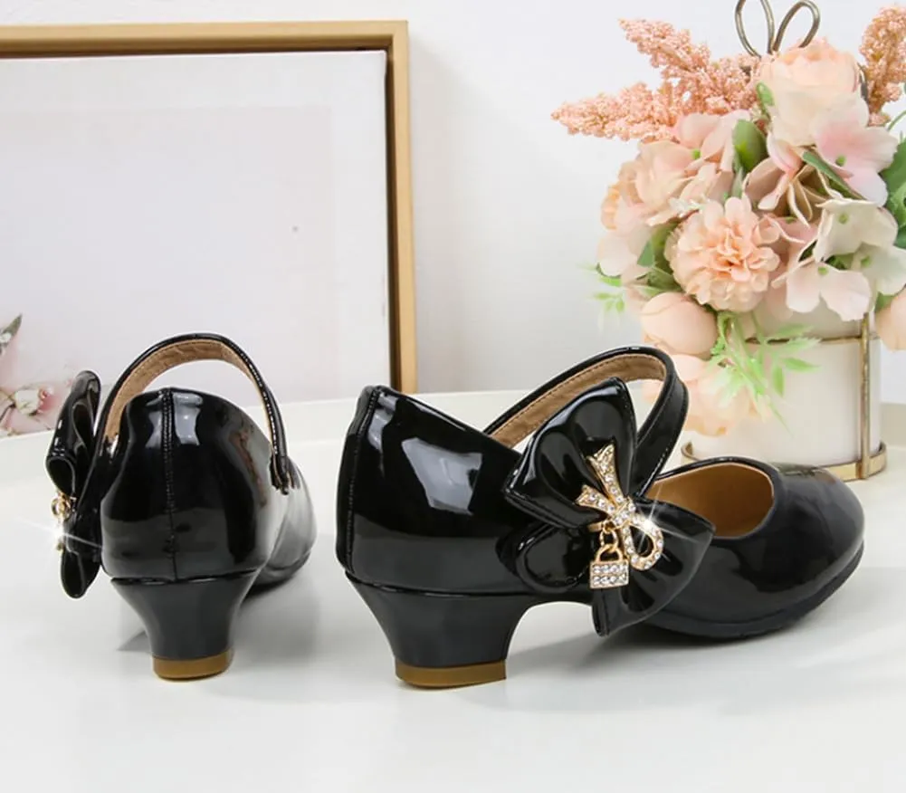 Girls PU Low Heel Dress Shoes Princess Mary Jane Flower Wedding Party Glitter Pump