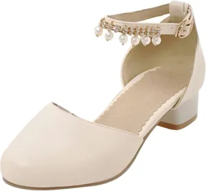 Girl's Pumps Mary Jane Dress Shoes Low Heel Dress Pearls Flower Girl Wedding Party Shoes Toddler Sandals