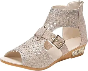 Gladiator Sandals for Women, Womens Fashion Vintage Crystal Outdoor Hollow out Zip up Sandals Shoes