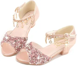 GOJERP Little Kids Girls Sandals Glitter Rhinestone Dress Pumps Sequins Princess Low Heels Party Dance Shoes (Pink, numeric_2)