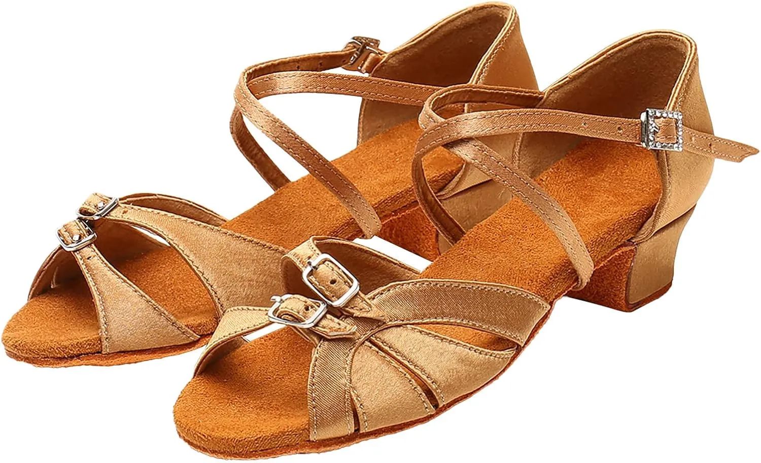 Hbeylia Women's Latin Dance Shoes Satin Crisscross Rhinestone Ankle Strap Professional Ballroom Salsa Practice Performance Dance Shoes Peep Toe Chunky Mid Heels Retro Dance Shoes for Wedding Party