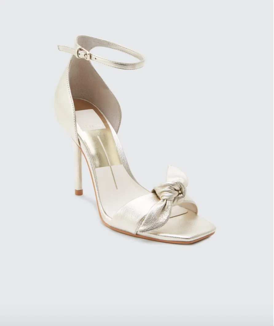 Helana Genuine Leather Bow Ankle Strap High Heels - Light Gold