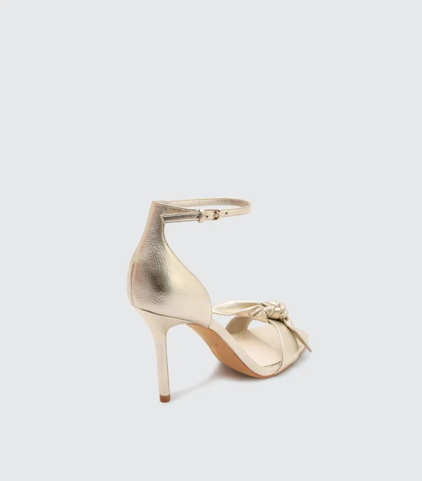 Helana Genuine Leather Bow Ankle Strap High Heels - Light Gold