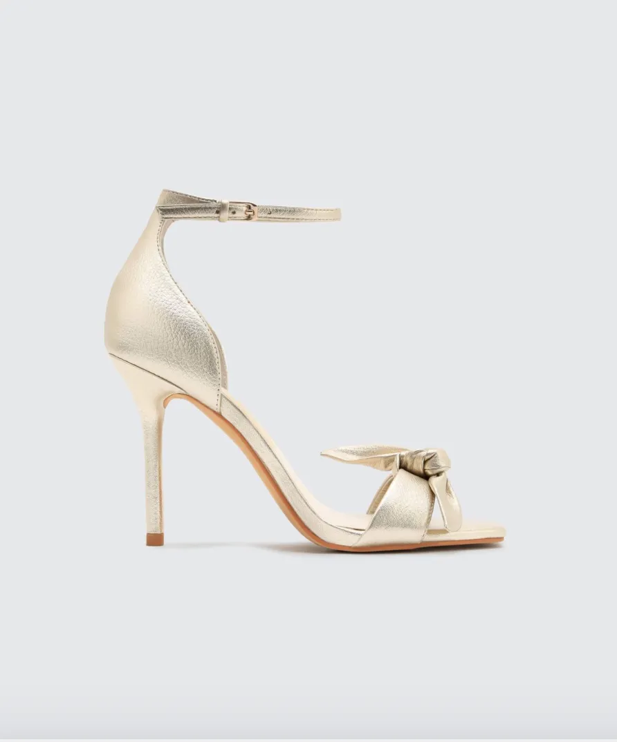 Helana Genuine Leather Bow Ankle Strap High Heels - Light Gold