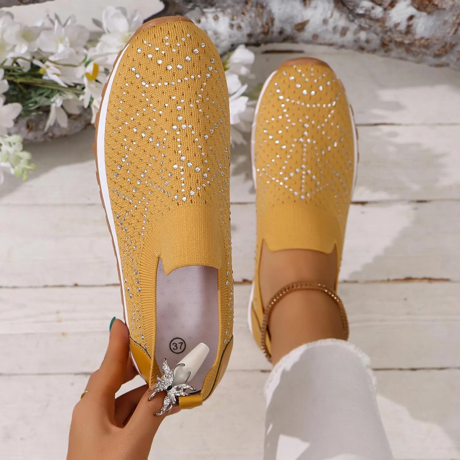 JITUUE Women's Rhinestones Mesh Sport Slip-on Shoes,Non Slip Breathable Lightweight Walking Shoes Sparkling Glitter Casual Sock Sneakers Ballroom Jazz Nurse Shoes