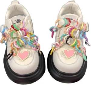 Kawaii Cute Colorful Ring Chunky Dad Sneakers Aesthetic Platform Casual Shoes for Women Slip-On Comfort with Pink Heart