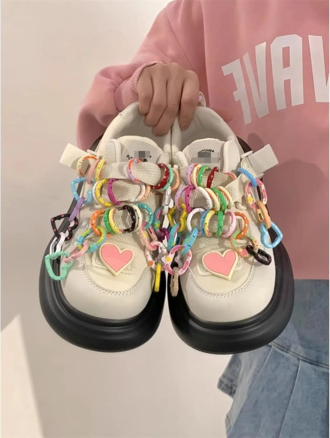 Kawaii Cute Colorful Ring Chunky Dad Sneakers Aesthetic Platform Casual Shoes for Women Slip-On Comfort with Pink Heart