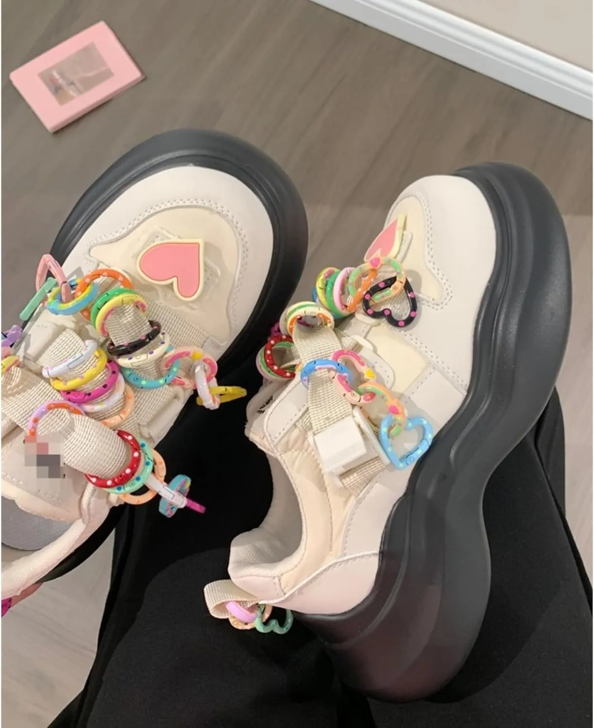 Kawaii Cute Colorful Ring Chunky Dad Sneakers Aesthetic Platform Casual Shoes for Women Slip-On Comfort with Pink Heart