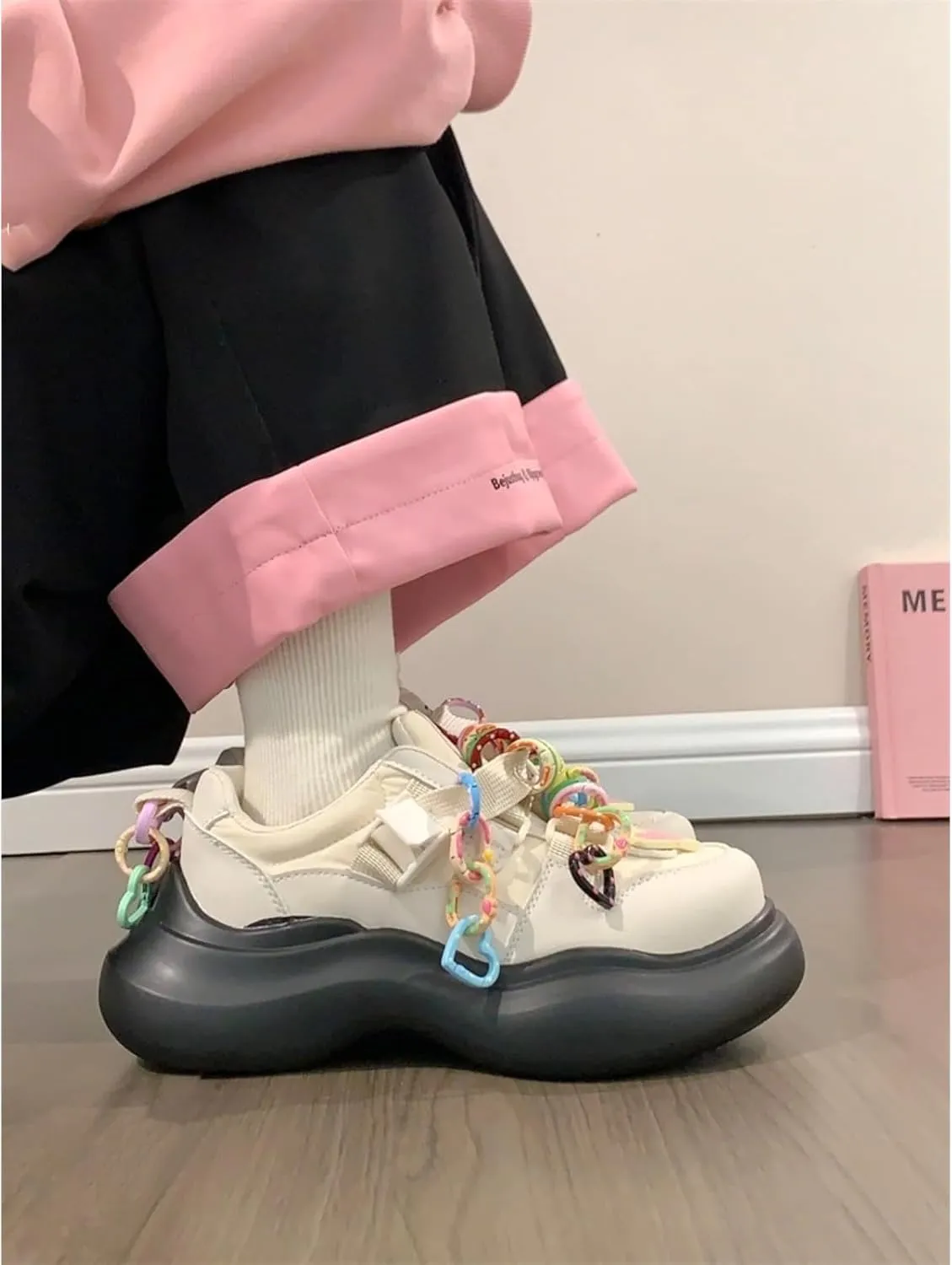 Kawaii Cute Colorful Ring Chunky Dad Sneakers Aesthetic Platform Casual Shoes for Women Slip-On Comfort with Pink Heart