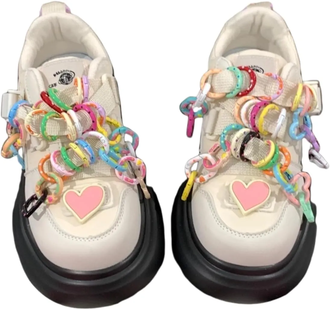 Kawaii Cute Colorful Ring Chunky Dad Sneakers Aesthetic Platform Casual Shoes for Women Slip-On Comfort with Pink Heart