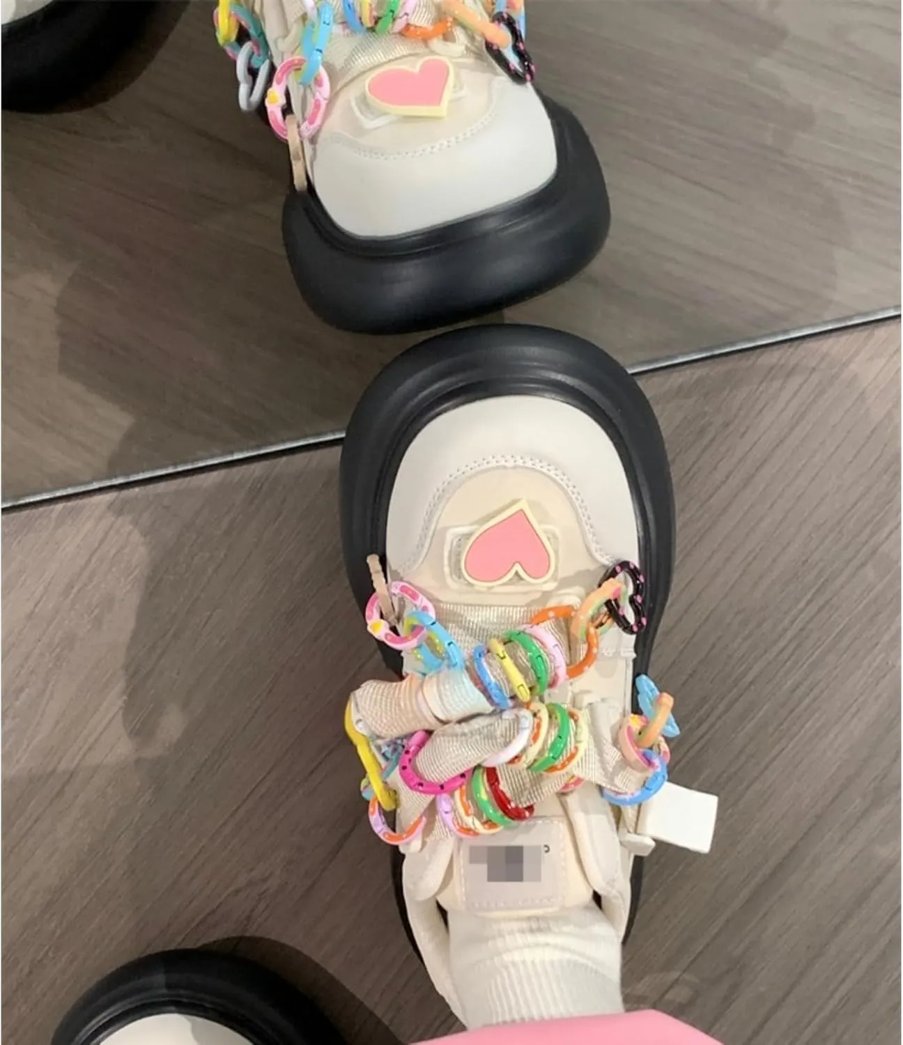 Kawaii Cute Colorful Ring Chunky Dad Sneakers Aesthetic Platform Casual Shoes for Women Slip-On Comfort with Pink Heart