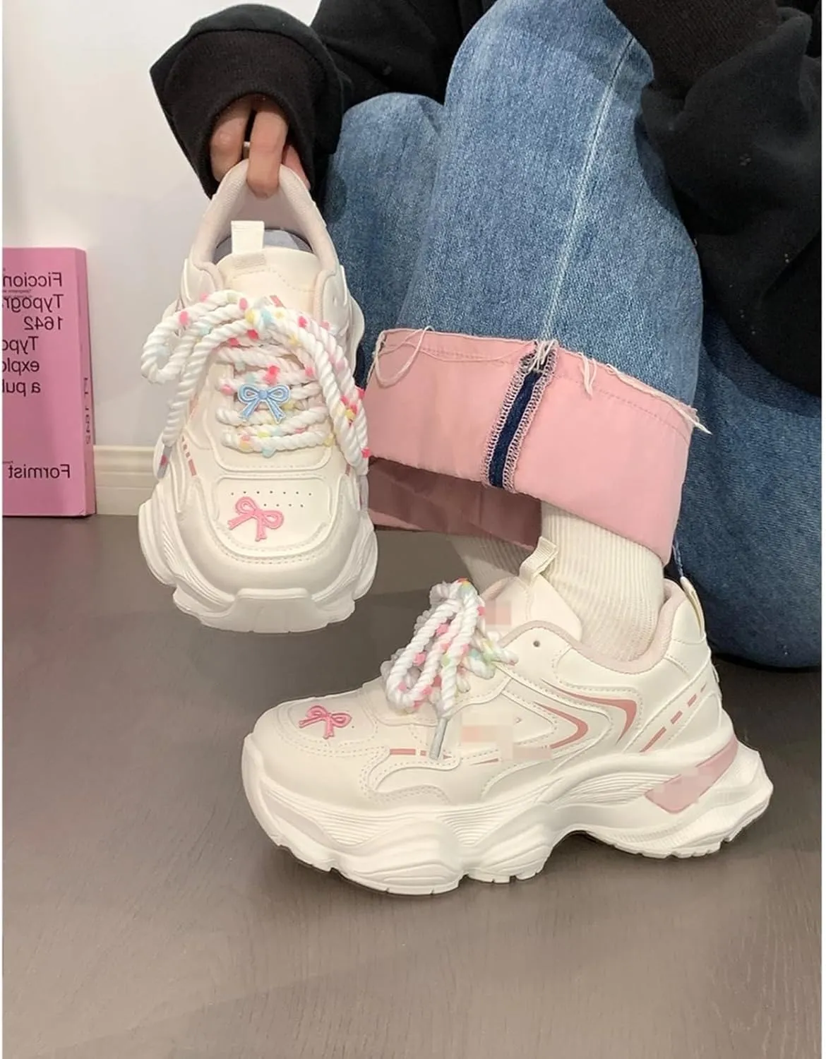 Kawaii Y2K Aesthetic Cute Breathable Bowknot Dad Platform Shoes for Women Lightweight Dopamine Casual Chunky Sneakers
