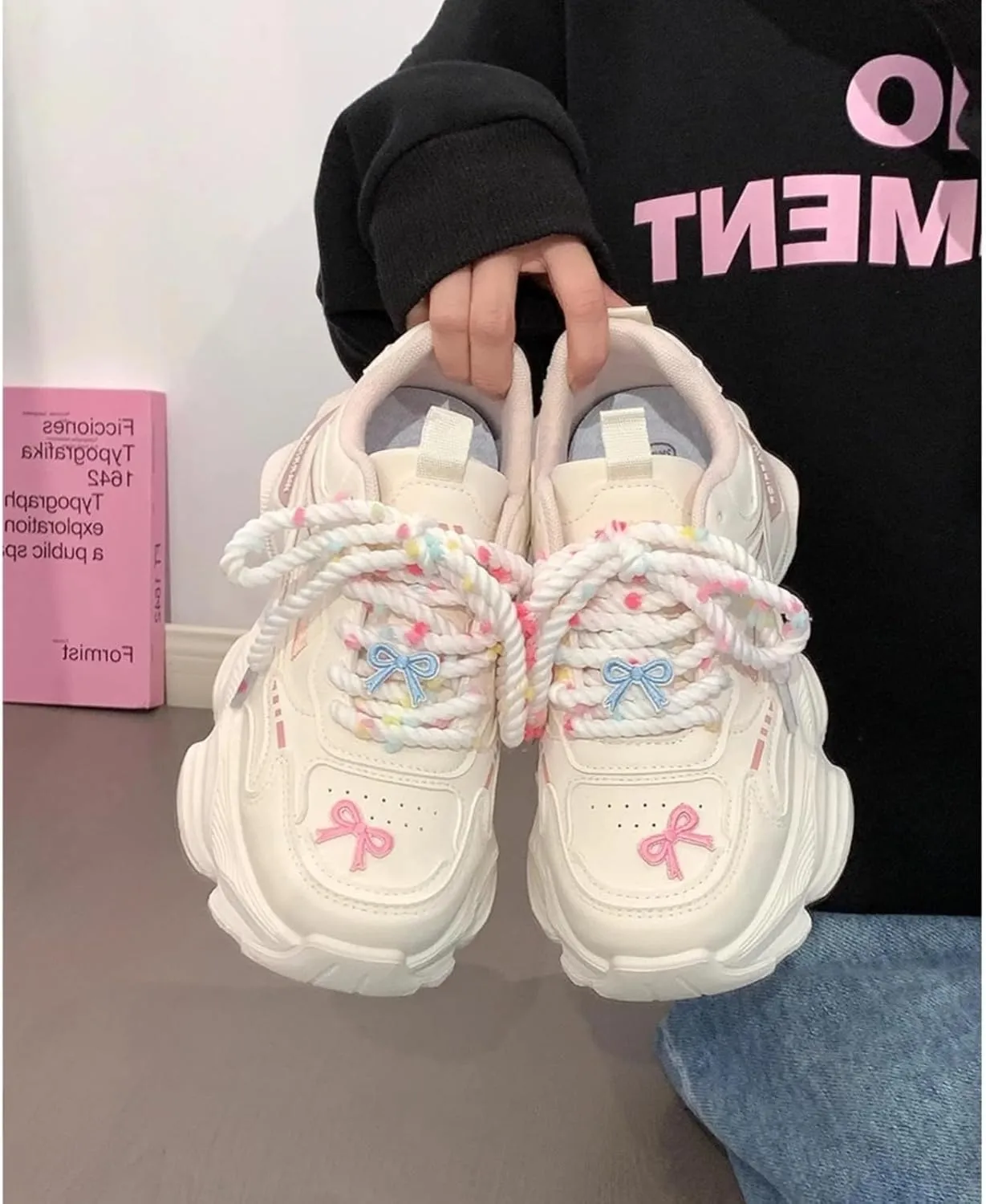Kawaii Y2K Aesthetic Cute Breathable Bowknot Dad Platform Shoes for Women Lightweight Dopamine Casual Chunky Sneakers