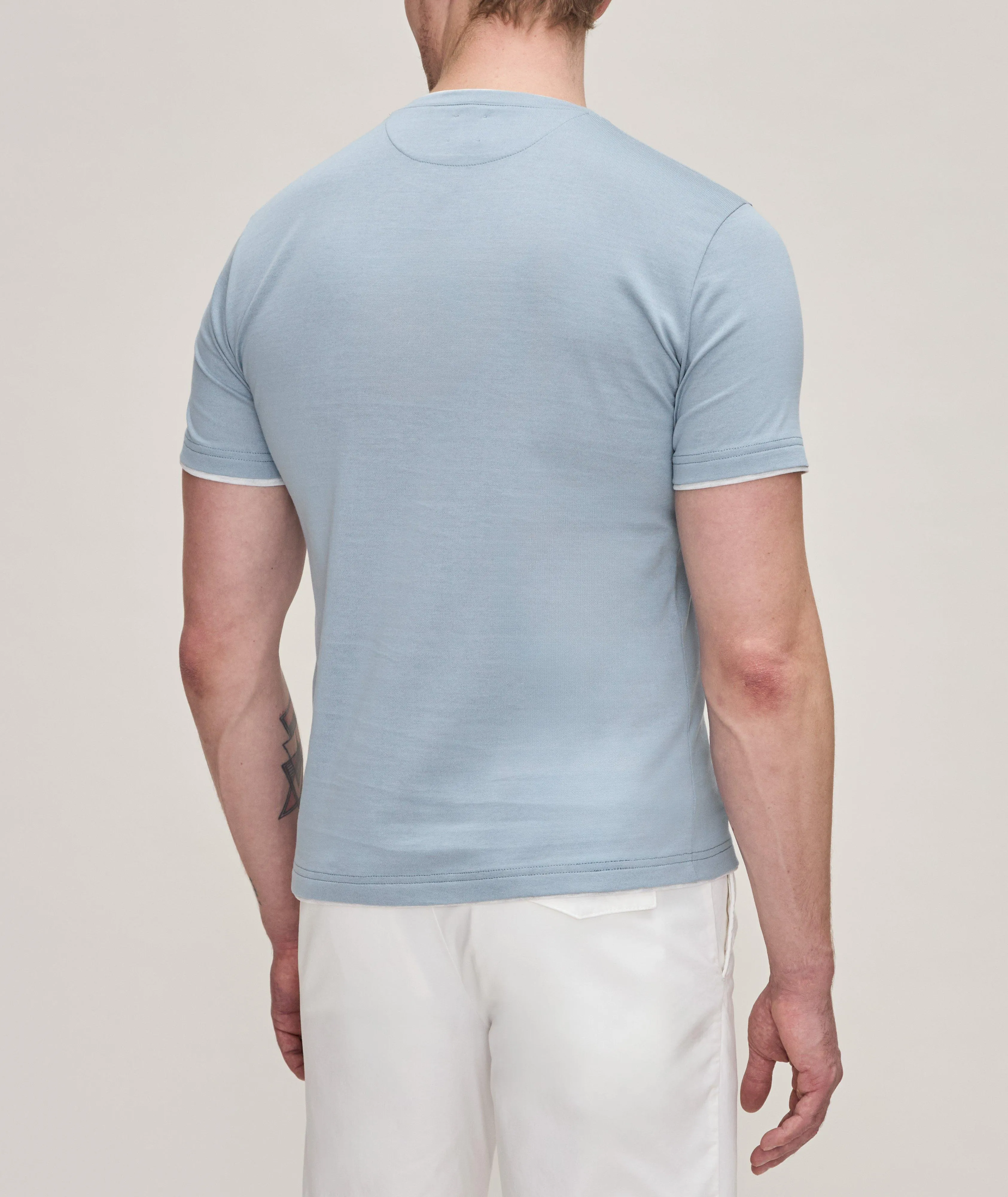 Light Blue Double-Collared Crew Neck Cotton T-Shirt - ELEVENTY PLATINUM