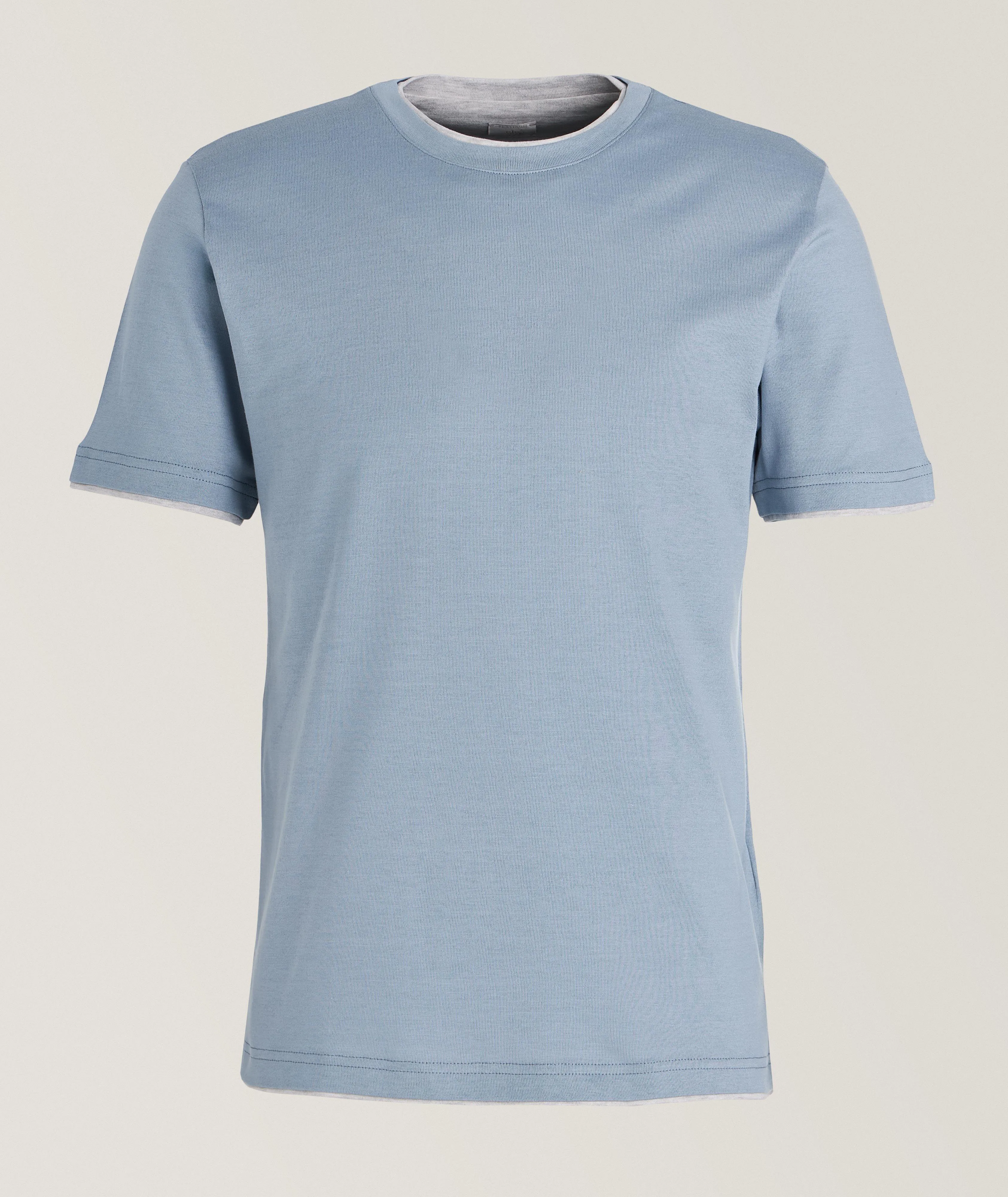 Light Blue Double-Collared Crew Neck Cotton T-Shirt - ELEVENTY PLATINUM