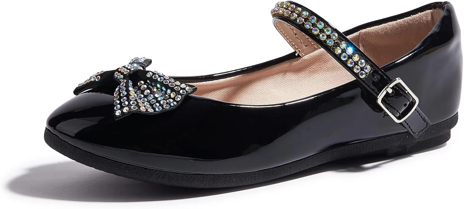 LUCKY STEP Girls Dress Flats Casual Mary Jane Ballet Shoes Bow Rhinestones Wedding Party Shoe for Little Kids
