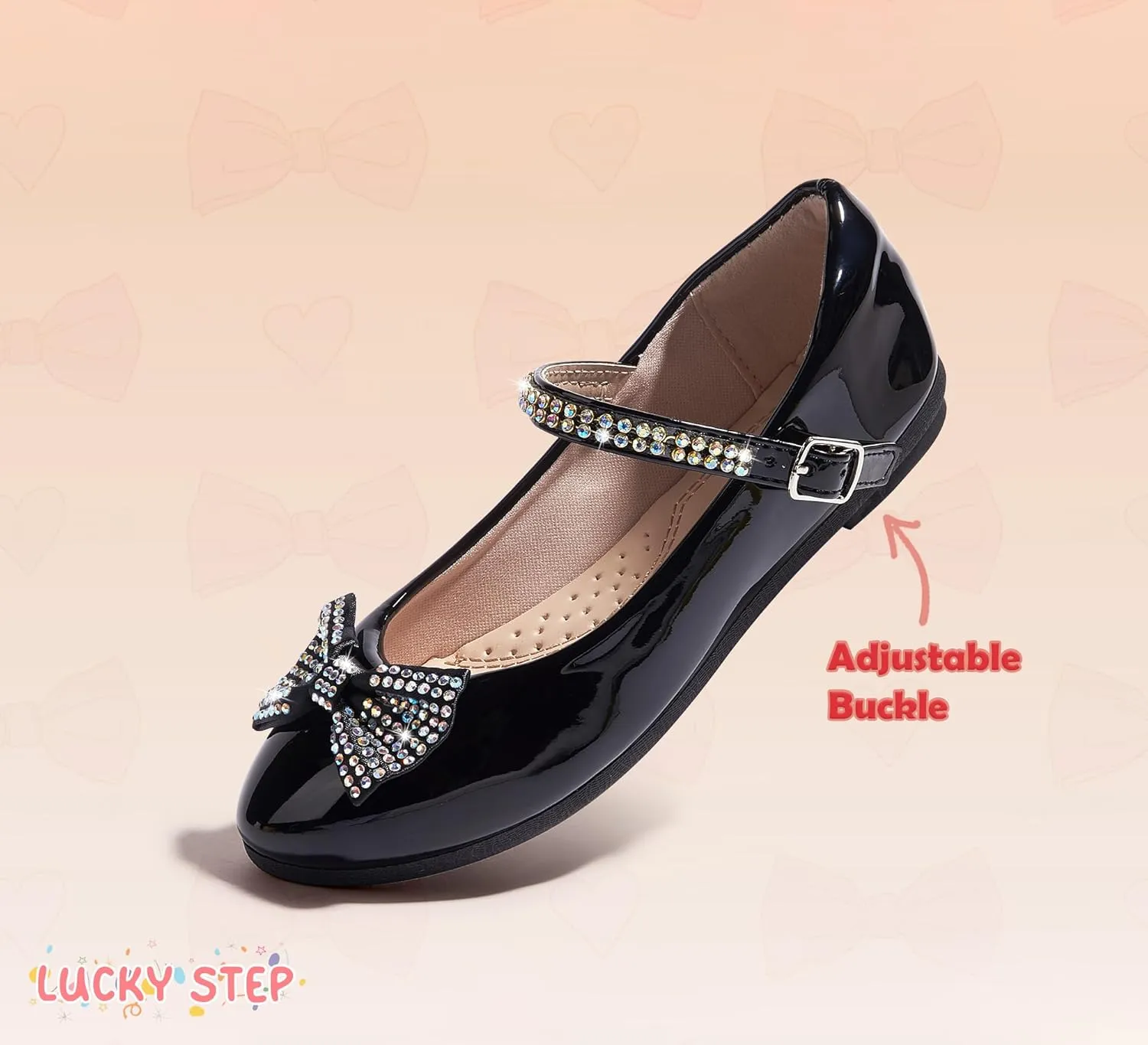 LUCKY STEP Girls Dress Flats Casual Mary Jane Ballet Shoes Bow Rhinestones Wedding Party Shoe for Little Kids