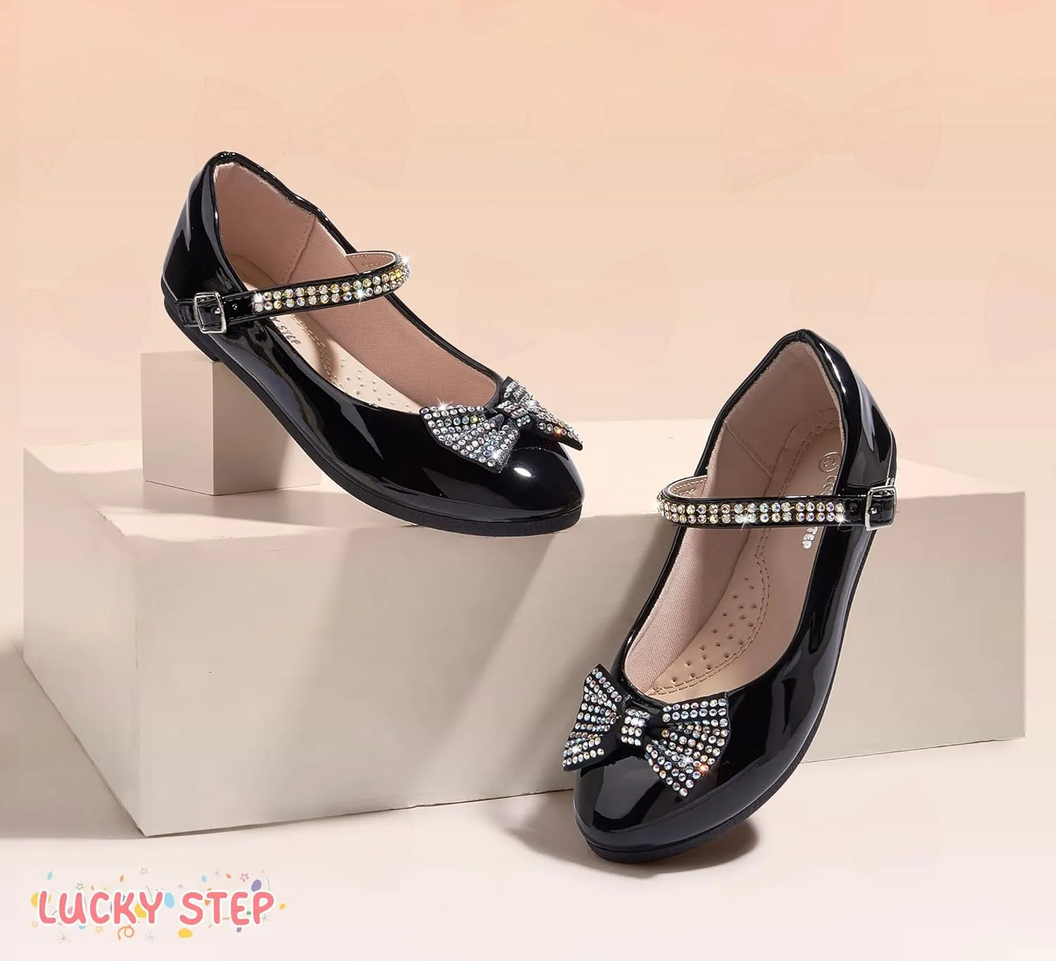 LUCKY STEP Girls Dress Flats Casual Mary Jane Ballet Shoes Bow Rhinestones Wedding Party Shoe for Little Kids
