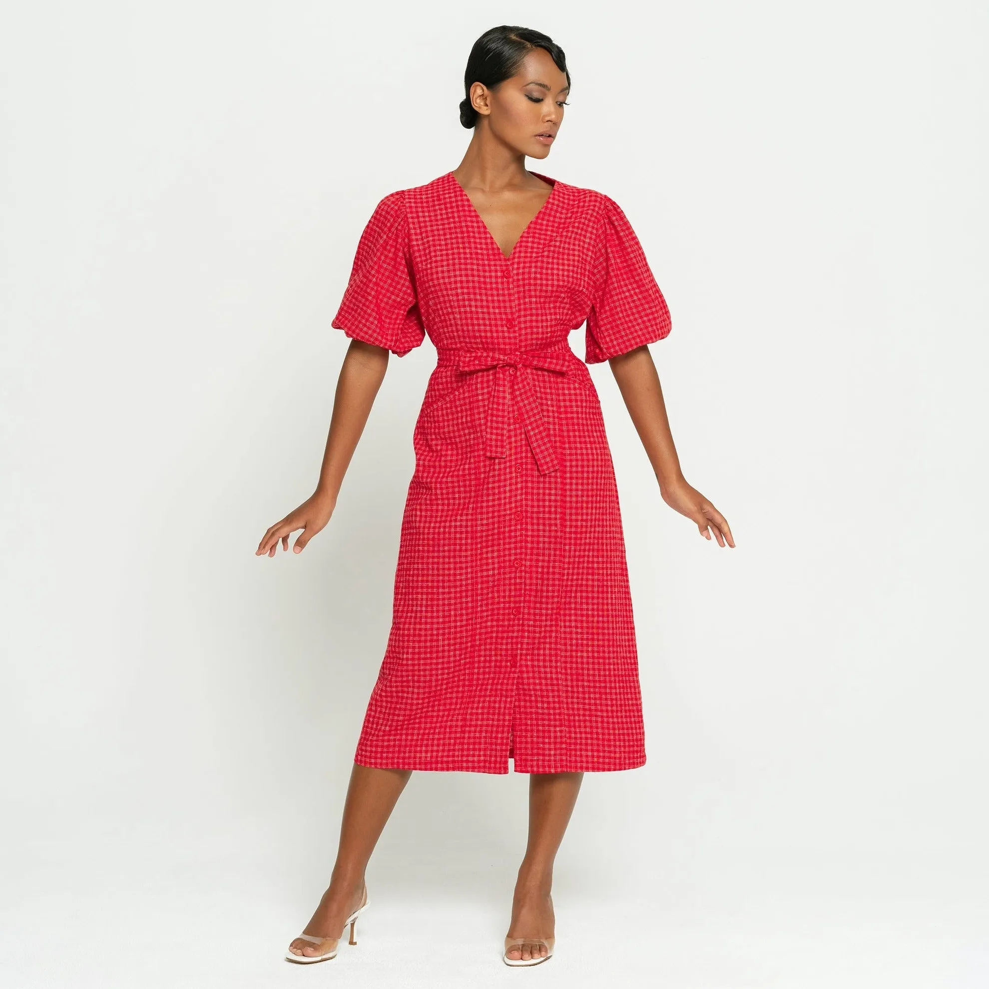 MEGHAN Gingham Hemp Midi Dress, in Scarlet red