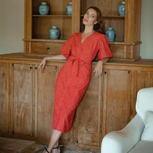 MEGHAN Gingham Hemp Midi Dress, in Scarlet red
