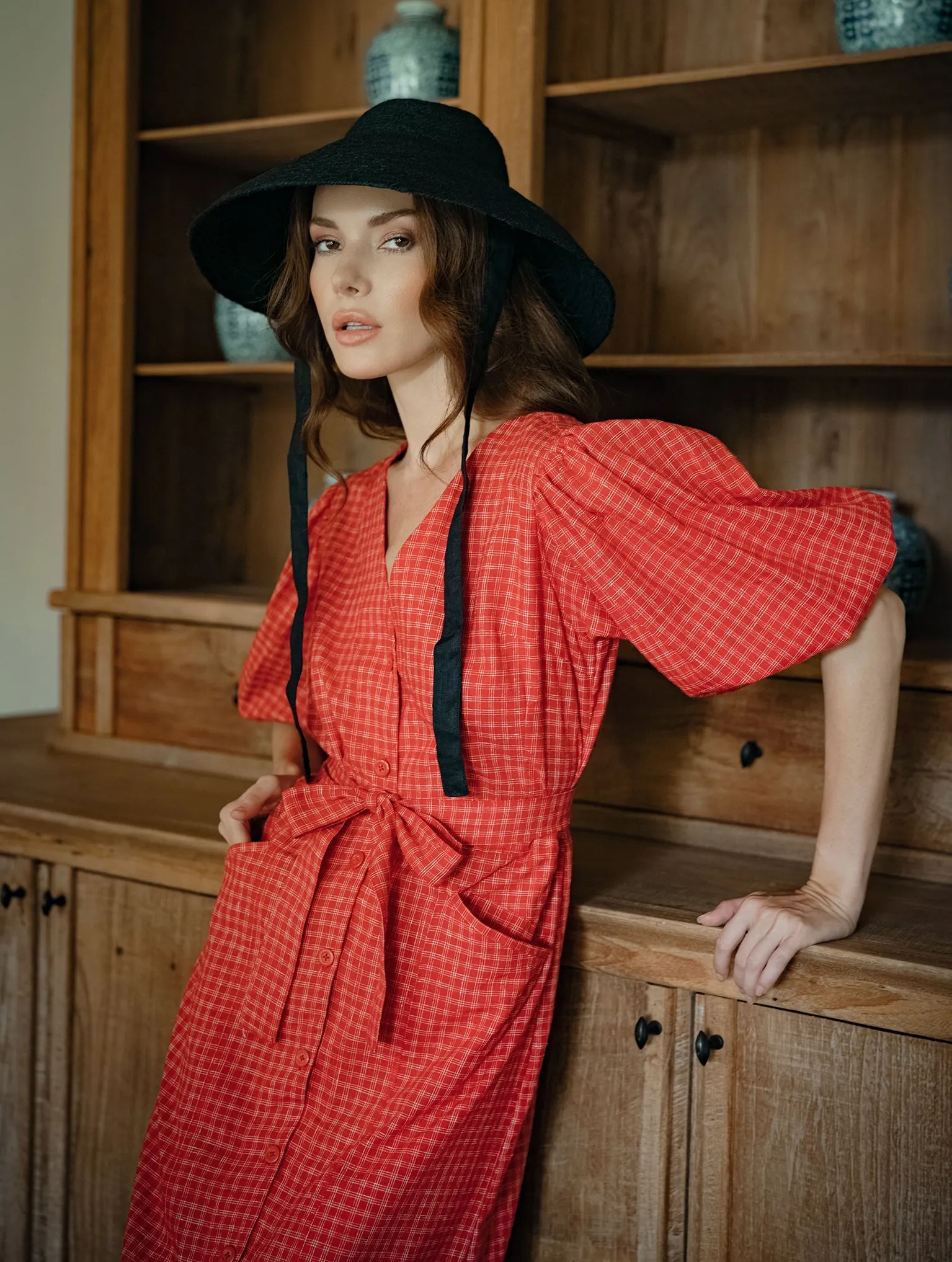 MEGHAN Gingham Hemp Midi Dress, in Scarlet red